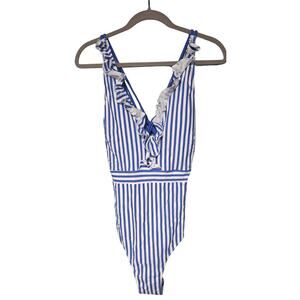 Women's XXL NWT One Piece Cupshe Blue White Striped Swimsuit Vacation Pool